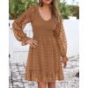 imageBTFBM Long Sleeve Fall Dresses for Women 2025 Casual V Neck Swiss Dot Smocked Ruffle Chiffon Summer Flowy Mini DressKhaki