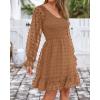 imageBTFBM Long Sleeve Fall Dresses for Women 2025 Casual V Neck Swiss Dot Smocked Ruffle Chiffon Summer Flowy Mini DressKhaki