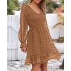 imageBTFBM Long Sleeve Fall Dresses for Women 2025 Casual V Neck Swiss Dot Smocked Ruffle Chiffon Summer Flowy Mini DressKhaki