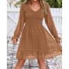 imageBTFBM Long Sleeve Fall Dresses for Women 2025 Casual V Neck Swiss Dot Smocked Ruffle Chiffon Summer Flowy Mini DressKhaki