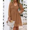 imageBTFBM Long Sleeve Fall Dresses for Women 2025 Casual V Neck Swiss Dot Smocked Ruffle Chiffon Summer Flowy Mini DressKhaki