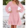 imageBTFBM Long Sleeve Fall Dresses for Women 2025 Casual V Neck Swiss Dot Smocked Ruffle Chiffon Summer Flowy Mini DressPink