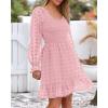 imageBTFBM Long Sleeve Fall Dresses for Women 2025 Casual V Neck Swiss Dot Smocked Ruffle Chiffon Summer Flowy Mini DressPink