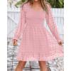 imageBTFBM Long Sleeve Fall Dresses for Women 2025 Casual V Neck Swiss Dot Smocked Ruffle Chiffon Summer Flowy Mini DressPink