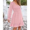 imageBTFBM Long Sleeve Fall Dresses for Women 2025 Casual V Neck Swiss Dot Smocked Ruffle Chiffon Summer Flowy Mini DressPink