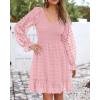 imageBTFBM Long Sleeve Fall Dresses for Women 2025 Casual V Neck Swiss Dot Smocked Ruffle Chiffon Summer Flowy Mini DressPink