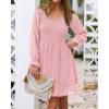 imageBTFBM Long Sleeve Fall Dresses for Women 2025 Casual V Neck Swiss Dot Smocked Ruffle Chiffon Summer Flowy Mini DressPink