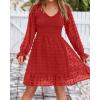 imageBTFBM Long Sleeve Fall Dresses for Women 2025 Casual V Neck Swiss Dot Smocked Ruffle Chiffon Summer Flowy Mini DressRed