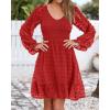 imageBTFBM Long Sleeve Fall Dresses for Women 2025 Casual V Neck Swiss Dot Smocked Ruffle Chiffon Summer Flowy Mini DressRed