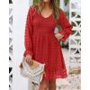 imageBTFBM Long Sleeve Fall Dresses for Women 2025 Casual V Neck Swiss Dot Smocked Ruffle Chiffon Summer Flowy Mini DressRed