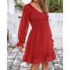 imageBTFBM Long Sleeve Fall Dresses for Women 2025 Casual V Neck Swiss Dot Smocked Ruffle Chiffon Summer Flowy Mini DressRed