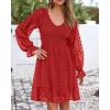 imageBTFBM Long Sleeve Fall Dresses for Women 2025 Casual V Neck Swiss Dot Smocked Ruffle Chiffon Summer Flowy Mini DressRed
