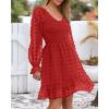 imageBTFBM Long Sleeve Fall Dresses for Women 2025 Casual V Neck Swiss Dot Smocked Ruffle Chiffon Summer Flowy Mini DressRed