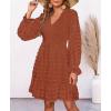 imageBTFBM Long Sleeve Fall Dresses for Women 2025 Casual V Neck Swiss Dot Smocked Ruffle Chiffon Summer Flowy Mini DressRed Brown