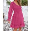 imageBTFBM Long Sleeve Fall Dresses for Women 2025 Casual V Neck Swiss Dot Smocked Ruffle Chiffon Summer Flowy Mini DressRose Red