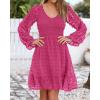 imageBTFBM Long Sleeve Fall Dresses for Women 2025 Casual V Neck Swiss Dot Smocked Ruffle Chiffon Summer Flowy Mini DressRose Red