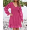 imageBTFBM Long Sleeve Fall Dresses for Women 2025 Casual V Neck Swiss Dot Smocked Ruffle Chiffon Summer Flowy Mini DressRose Red