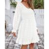 imageBTFBM Long Sleeve Fall Dresses for Women 2025 Casual V Neck Swiss Dot Smocked Ruffle Chiffon Summer Flowy Mini DressWhite
