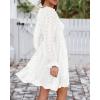 imageBTFBM Long Sleeve Fall Dresses for Women 2025 Casual V Neck Swiss Dot Smocked Ruffle Chiffon Summer Flowy Mini DressWhite
