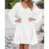 imageBTFBM Long Sleeve Fall Dresses for Women 2025 Casual V Neck Swiss Dot Smocked Ruffle Chiffon Summer Flowy Mini DressWhite