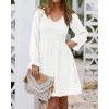 imageBTFBM Long Sleeve Fall Dresses for Women 2025 Casual V Neck Swiss Dot Smocked Ruffle Chiffon Summer Flowy Mini DressWhite