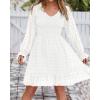 imageBTFBM Long Sleeve Fall Dresses for Women 2025 Casual V Neck Swiss Dot Smocked Ruffle Chiffon Summer Flowy Mini DressWhite