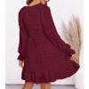 imageBTFBM Long Sleeve Fall Dresses for Women 2025 Casual V Neck Swiss Dot Smocked Ruffle Chiffon Summer Flowy Mini DressWine Red