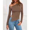 imageBTFBM Off The Shoulder Tops for Women Fall Fashion 2025 Asymmetrical Long Sleeve Shirts Fitted Going Out Top Y2K ClothesBrown