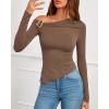 imageBTFBM Off The Shoulder Tops for Women Fall Fashion 2025 Asymmetrical Long Sleeve Shirts Fitted Going Out Top Y2K ClothesBrown