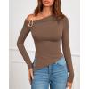 imageBTFBM Off The Shoulder Tops for Women Fall Fashion 2025 Asymmetrical Long Sleeve Shirts Fitted Going Out Top Y2K ClothesBrown