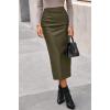 imageBTFBM Skirts for Women Trendy Fall 2025 Elastic Waist Ruched Bodycon Slit Pencil Midi Leather Skirt Bussiness CasualArmy Green