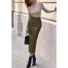 imageBTFBM Skirts for Women Trendy Fall 2025 Elastic Waist Ruched Bodycon Slit Pencil Midi Leather Skirt Bussiness CasualArmy Green
