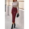 imageBTFBM Skirts for Women Trendy Fall 2025 Elastic Waist Ruched Bodycon Slit Pencil Midi Leather Skirt Bussiness CasualBurgundy