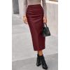 imageBTFBM Skirts for Women Trendy Fall 2025 Elastic Waist Ruched Bodycon Slit Pencil Midi Leather Skirt Bussiness CasualBurgundy