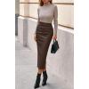 imageBTFBM Skirts for Women Trendy Fall 2025 Elastic Waist Ruched Bodycon Slit Pencil Midi Leather Skirt Bussiness CasualCoffee