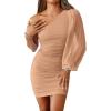 imageBTFBM Fall Wedding Guest Dresses for Women 2025 One Shoulder Long Sleeve Ruched Bodycon Cocktail Party Homecoming DressApricot