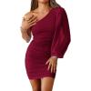 imageBTFBM Fall Wedding Guest Dresses for Women 2025 One Shoulder Long Sleeve Ruched Bodycon Cocktail Party Homecoming DressWine Red