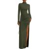 imageBTFBM Formal Dresses for Women 2025 Fall Long Sleeve Mock Neck Ruched Bodycon Slit Maxi Wedding Guest Dress CocktailArmy Green