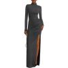 imageBTFBM Formal Dresses for Women 2025 Fall Long Sleeve Mock Neck Ruched Bodycon Slit Maxi Wedding Guest Dress CocktailDark Grey