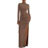 imageBTFBM Formal Dresses for Women 2025 Fall Long Sleeve Mock Neck Ruched Bodycon Slit Maxi Wedding Guest Dress CocktailKhaki