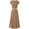 imageBTFBM Women Two Piece Skirt Set Summer 2025 Casual Vacation Crew Neck Short Sleeve Cropped Top Elastic Waist Midi SkirtsLight Brown