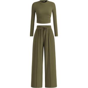 imageBTFBM Casual 2 Piece Sets For Women Fall Outfits 2025 Ribbed Long Sleeve Crop Top Wide Leg Pants Matching Lounge SetArmy Green