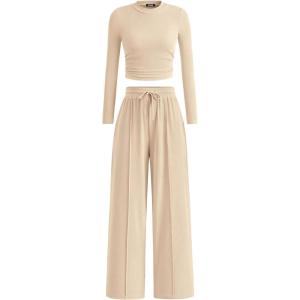 imageBTFBM Casual 2 Piece Sets For Women Fall Outfits 2025 Ribbed Long Sleeve Crop Top Wide Leg Pants Matching Lounge SetBeige
