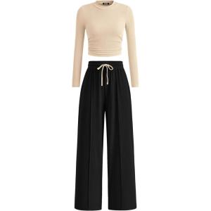imageBTFBM Casual 2 Piece Sets For Women Fall Outfits 2025 Ribbed Long Sleeve Crop Top Wide Leg Pants Matching Lounge SetBeige Black