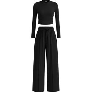 imageBTFBM Casual 2 Piece Sets For Women Fall Outfits 2025 Ribbed Long Sleeve Crop Top Wide Leg Pants Matching Lounge SetBlack