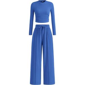 imageBTFBM Casual 2 Piece Sets For Women Fall Outfits 2025 Ribbed Long Sleeve Crop Top Wide Leg Pants Matching Lounge SetBlue