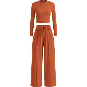 imageBTFBM Casual 2 Piece Sets For Women Fall Outfits 2025 Ribbed Long Sleeve Crop Top Wide Leg Pants Matching Lounge SetBrick Red