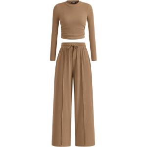 imageBTFBM Casual 2 Piece Sets For Women Fall Outfits 2025 Ribbed Long Sleeve Crop Top Wide Leg Pants Matching Lounge SetCamel