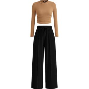 imageBTFBM Casual 2 Piece Sets For Women Fall Outfits 2025 Ribbed Long Sleeve Crop Top Wide Leg Pants Matching Lounge SetCamel Black