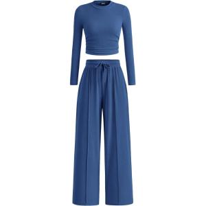 imageBTFBM Casual 2 Piece Sets For Women Fall Outfits 2025 Ribbed Long Sleeve Crop Top Wide Leg Pants Matching Lounge SetDark Blue
